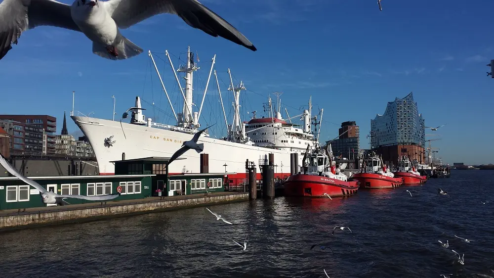 Hafenszene mit Schiffen und Möven. Im Hintergrund die Elfi